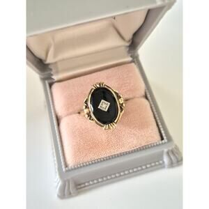 Vintage Mid-Century 14K Gold Onyx and Diamond Ring